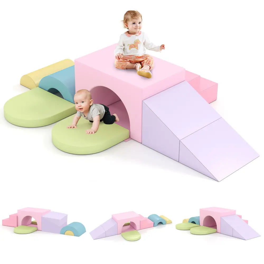 7-Piece Soft Foam Toddler Climbing Blocks Set PU Leather for 1+ Year Old-Pink - Light Pink - Climbers & Slides