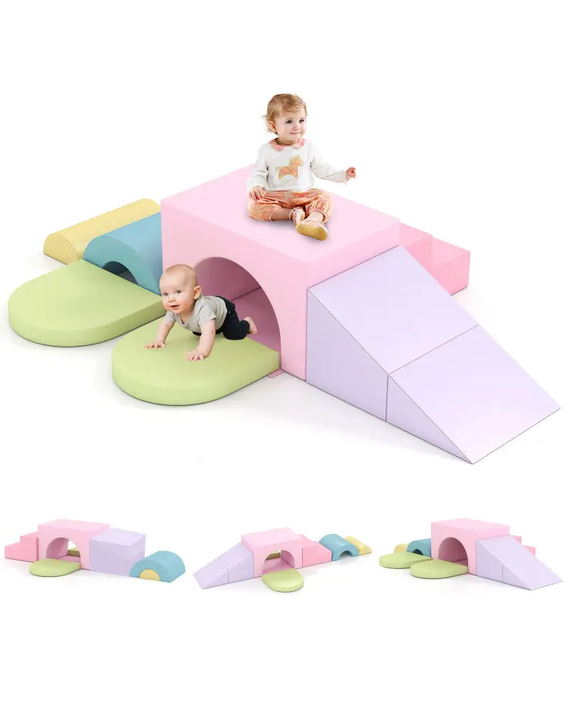 7-Piece Soft Foam Toddler Climbing Blocks Set PU Leather for 1+ Year Old-Pink - Light Pink - Climbers & Slides