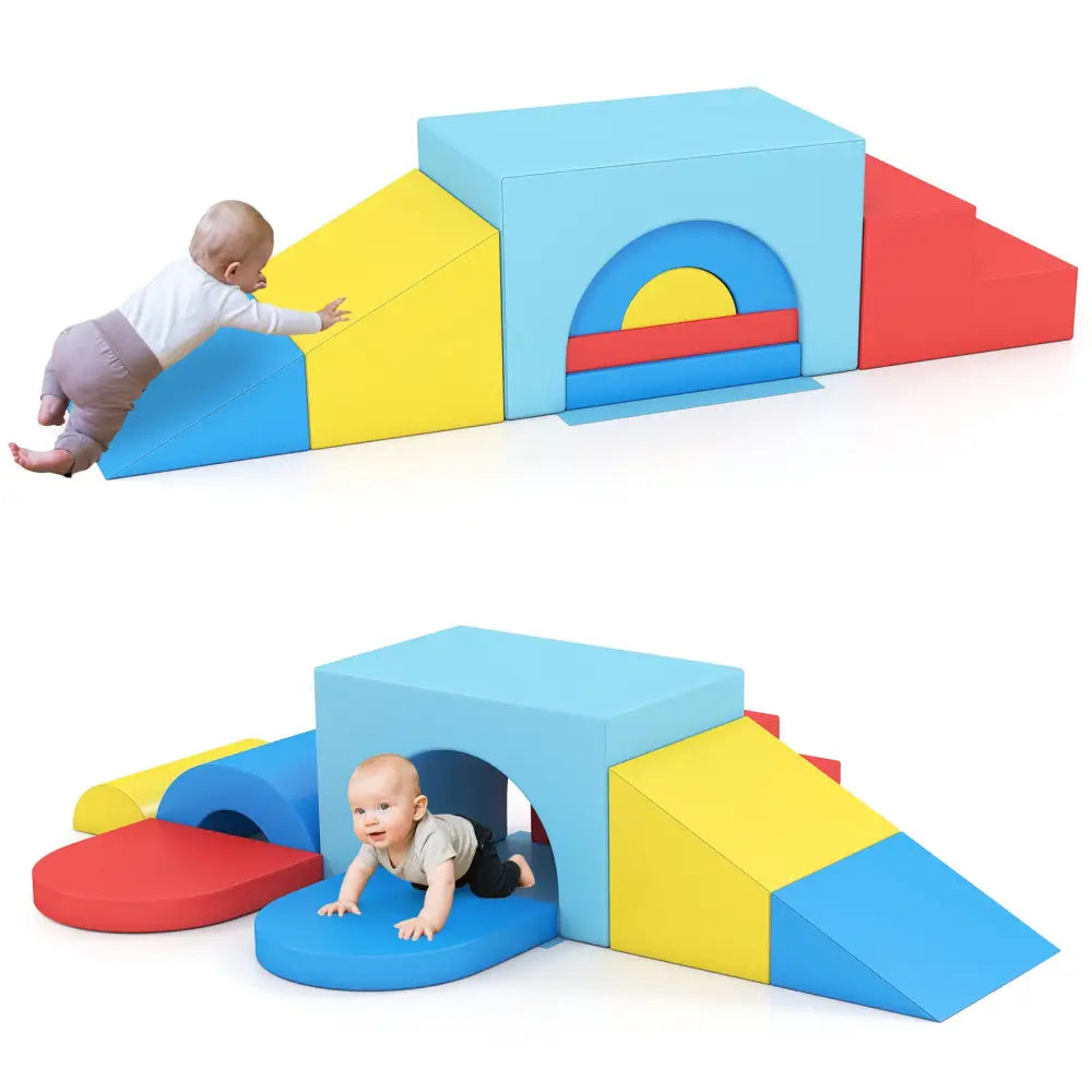 7-Piece Soft Foam Toddler Climbing Blocks Set PU Leather for 1+ Year Old-Blue - Blue - Climbers & Slides