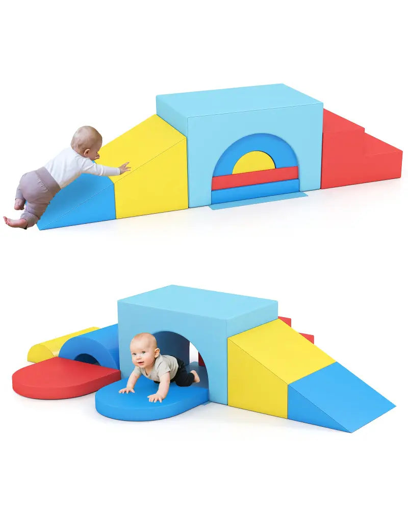 7-Piece Soft Foam Toddler Climbing Blocks Set PU Leather for 1+ Year Old-Blue - Blue - Climbers & Slides