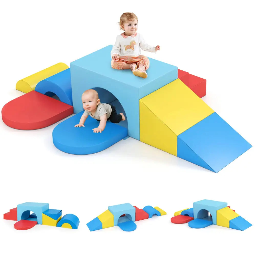 7-Piece Soft Foam Toddler Climbing Blocks Set PU Leather for 1+ Year Old-Blue - Blue - Climbers & Slides