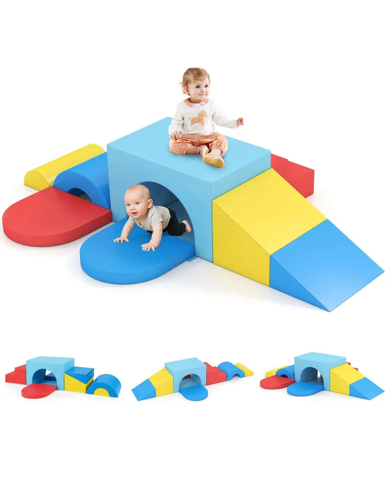 7-Piece Soft Foam Toddler Climbing Blocks Set PU Leather for 1+ Year Old-Blue - Blue - Climbers & Slides