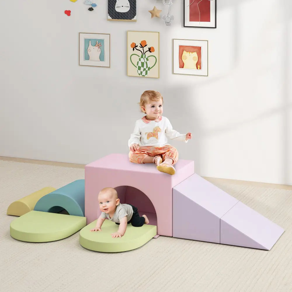 7-Piece Soft Foam Toddler Climbing Blocks Set PU Leather for 1+ Year Old-Pink - Light Pink - Climbers & Slides