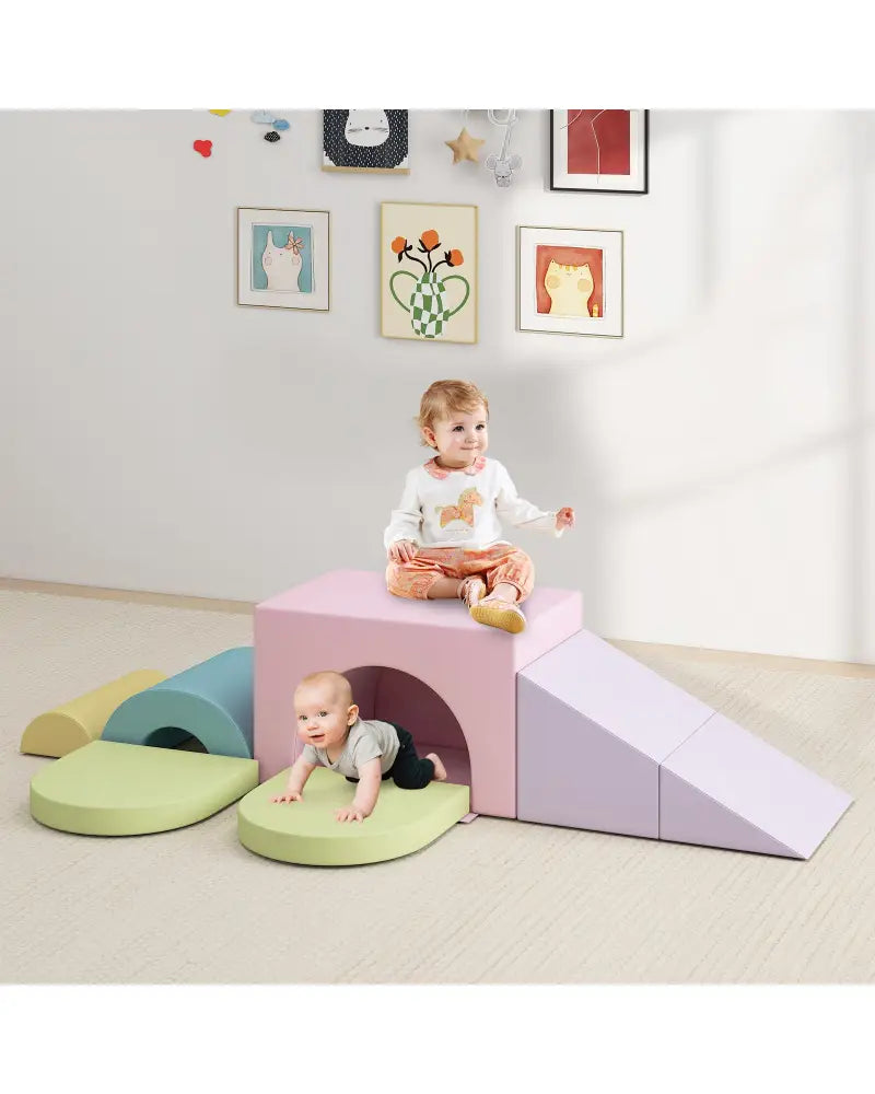 7-Piece Soft Foam Toddler Climbing Blocks Set PU Leather for 1+ Year Old-Pink - Light Pink - Climbers & Slides