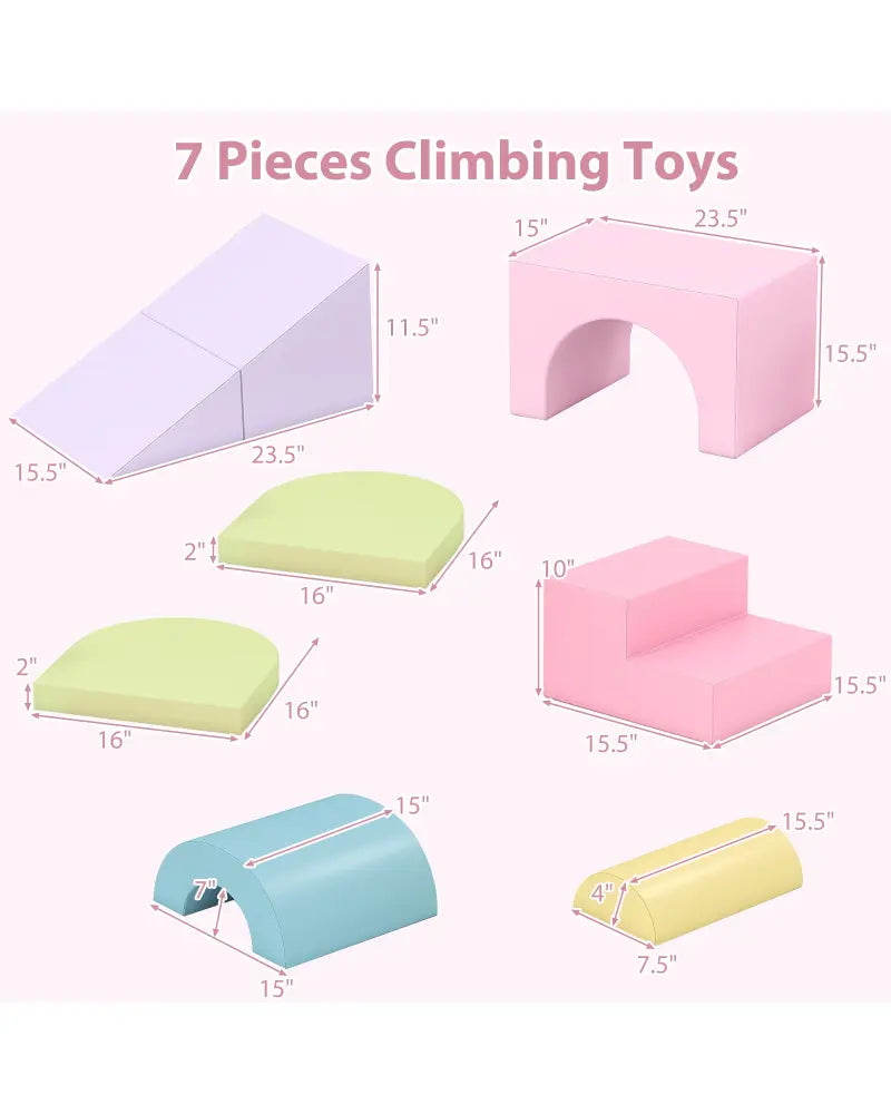 7-Piece Soft Foam Toddler Climbing Blocks Set PU Leather for 1+ Year Old-Pink - Light Pink - Climbers & Slides