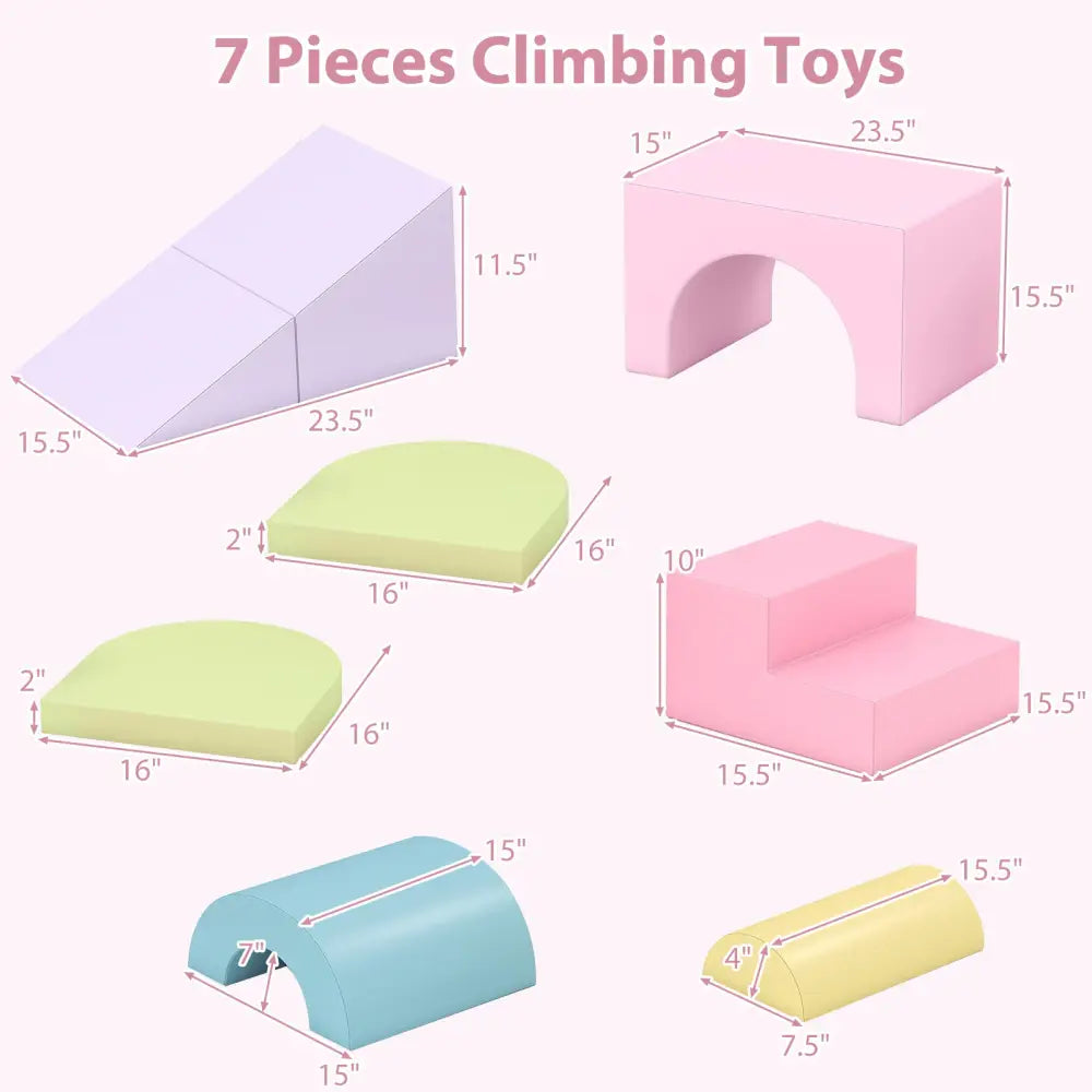7-Piece Soft Foam Toddler Climbing Blocks Set PU Leather for 1+ Year Old-Pink - Light Pink - Climbers & Slides