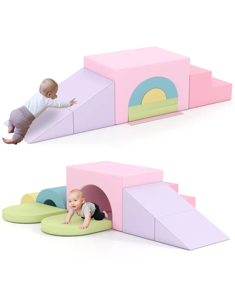 7-Piece Soft Foam Toddler Climbing Blocks Set PU Leather for 1+ Year Old-Pink - Light Pink - Climbers & Slides