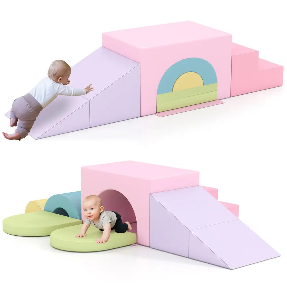 7-Piece Soft Foam Toddler Climbing Blocks Set PU Leather for 1+ Year Old-Pink - Light Pink - Climbers & Slides