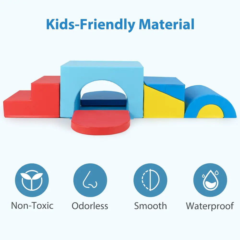 7-Piece Soft Foam Toddler Climbing Blocks Set PU Leather for 1+ Year Old-Blue - Blue - Climbers & Slides