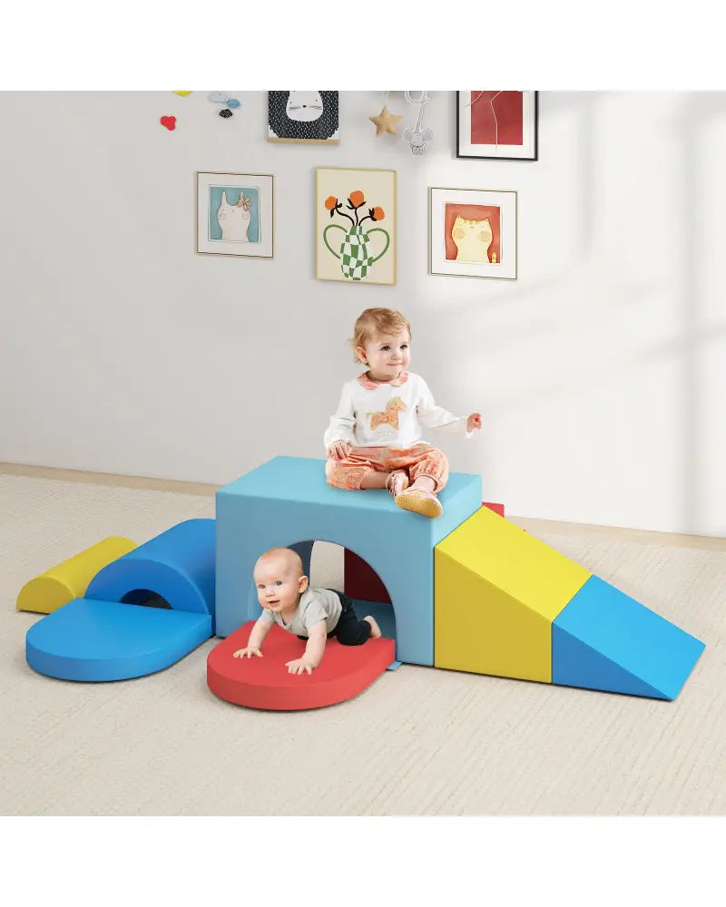 7-Piece Soft Foam Toddler Climbing Blocks Set PU Leather for 1+ Year Old-Blue - Blue - Climbers & Slides