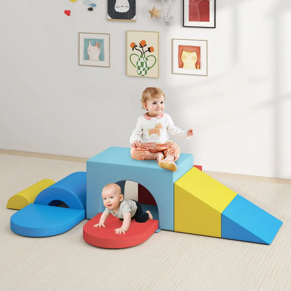 7-Piece Soft Foam Toddler Climbing Blocks Set PU Leather for 1+ Year Old-Blue - Blue - Climbers & Slides