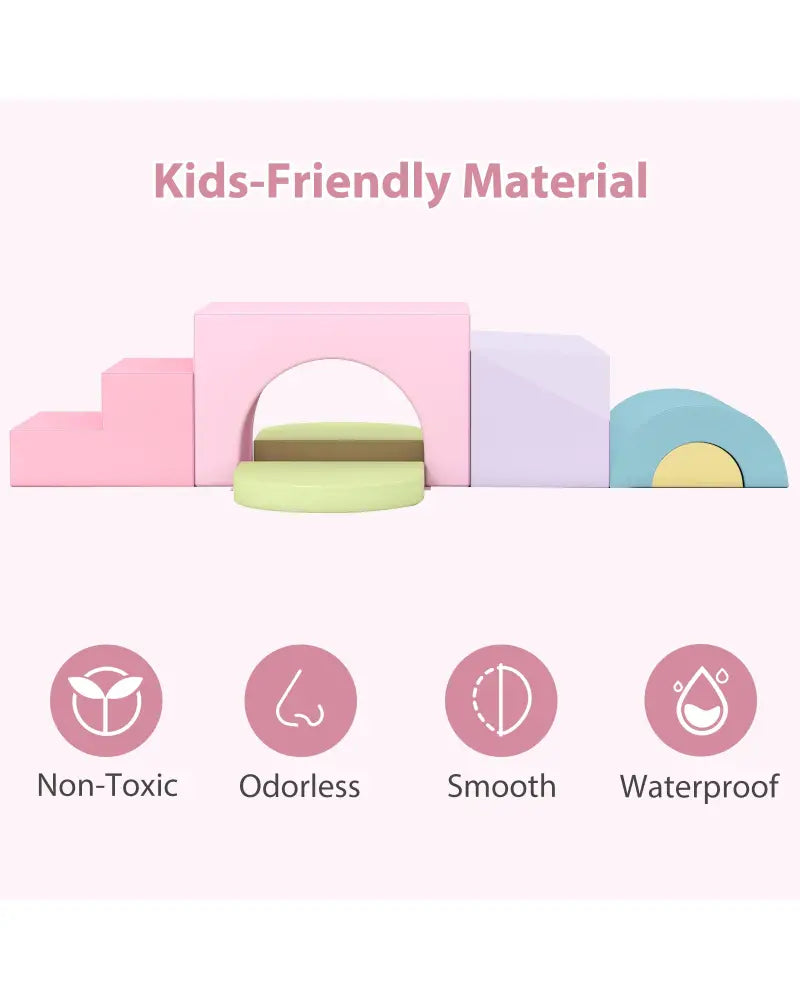 7-Piece Soft Foam Toddler Climbing Blocks Set PU Leather for 1+ Year Old-Pink - Light Pink - Climbers & Slides