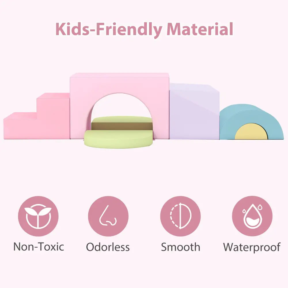 7-Piece Soft Foam Toddler Climbing Blocks Set PU Leather for 1+ Year Old-Pink - Light Pink - Climbers & Slides