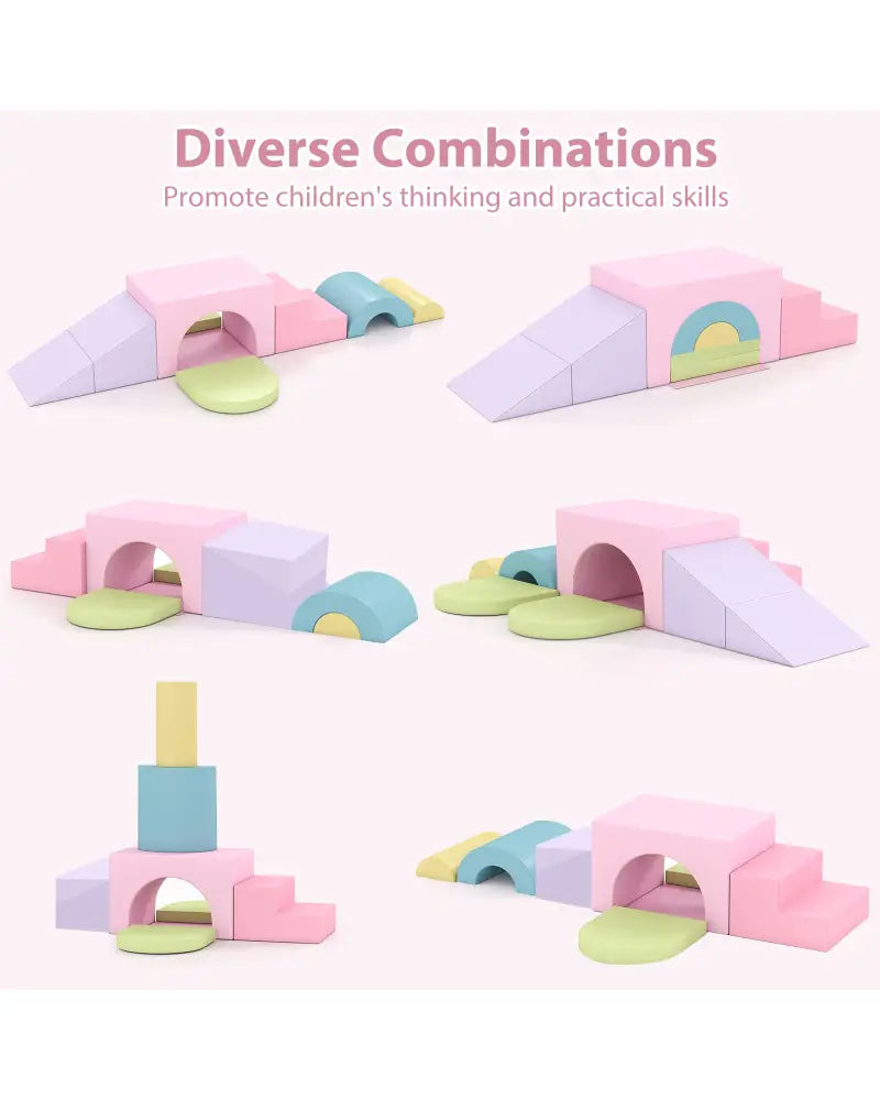 7-Piece Soft Foam Toddler Climbing Blocks Set PU Leather for 1+ Year Old-Pink - Light Pink - Climbers & Slides