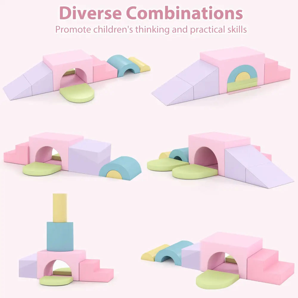 7-Piece Soft Foam Toddler Climbing Blocks Set PU Leather for 1+ Year Old-Pink - Light Pink - Climbers & Slides