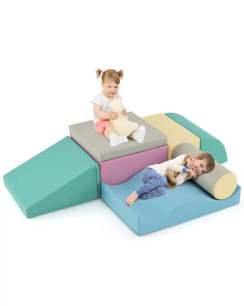7-Piece Soft Play Equipment with Zippered PU Cover Indoor Foam Climbing Blocks-Blue - Blue - Climbers & Slides