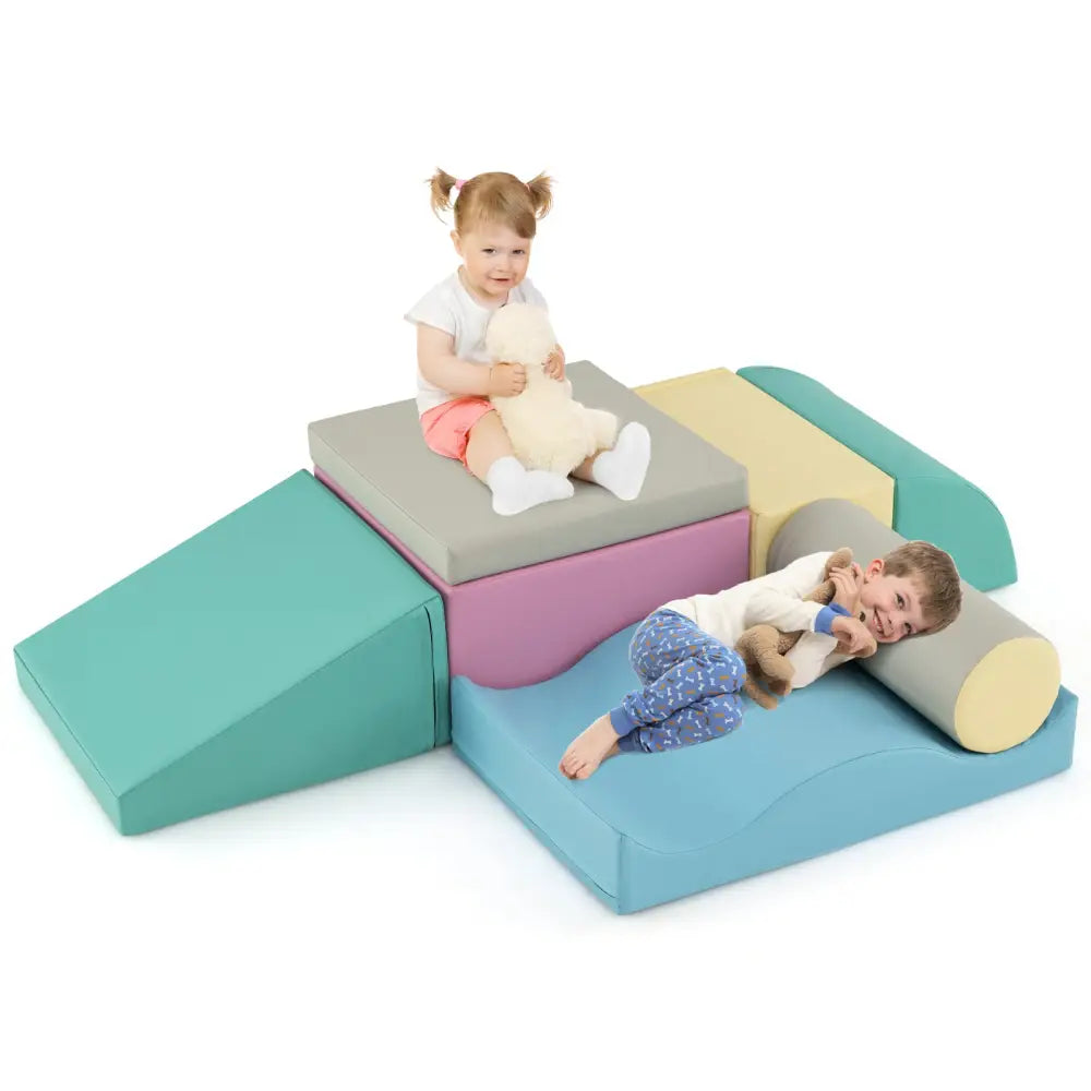 7-Piece Soft Play Equipment with Zippered PU Cover Indoor Foam Climbing Blocks-Blue - Blue - Climbers & Slides