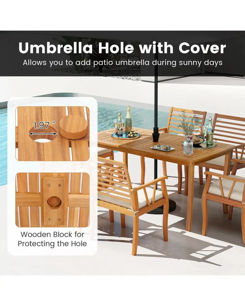 7 Pieces Acacia Wood Patio Dining Set with 1.97 Inch Umbrella Hole and Padded Cushions - Patio Dining Sets