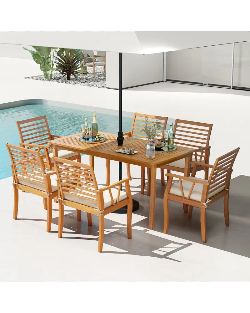 7 Pieces Acacia Wood Patio Dining Set with 1.97 Inch Umbrella Hole and Padded Cushions - Patio Dining Sets
