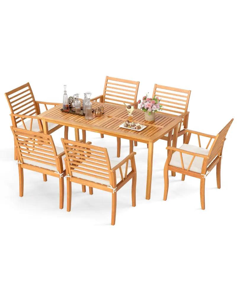 7 Pieces Acacia Wood Patio Dining Set with 1.97 Inch Umbrella Hole and Padded Cushions - Patio Dining Sets