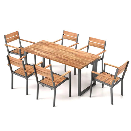 7 Pieces Acacia Wood Patio Dining Set with Metal Frame and 2 Inches Umbrella Hole - Rustic Brown - Patio Dining Sets