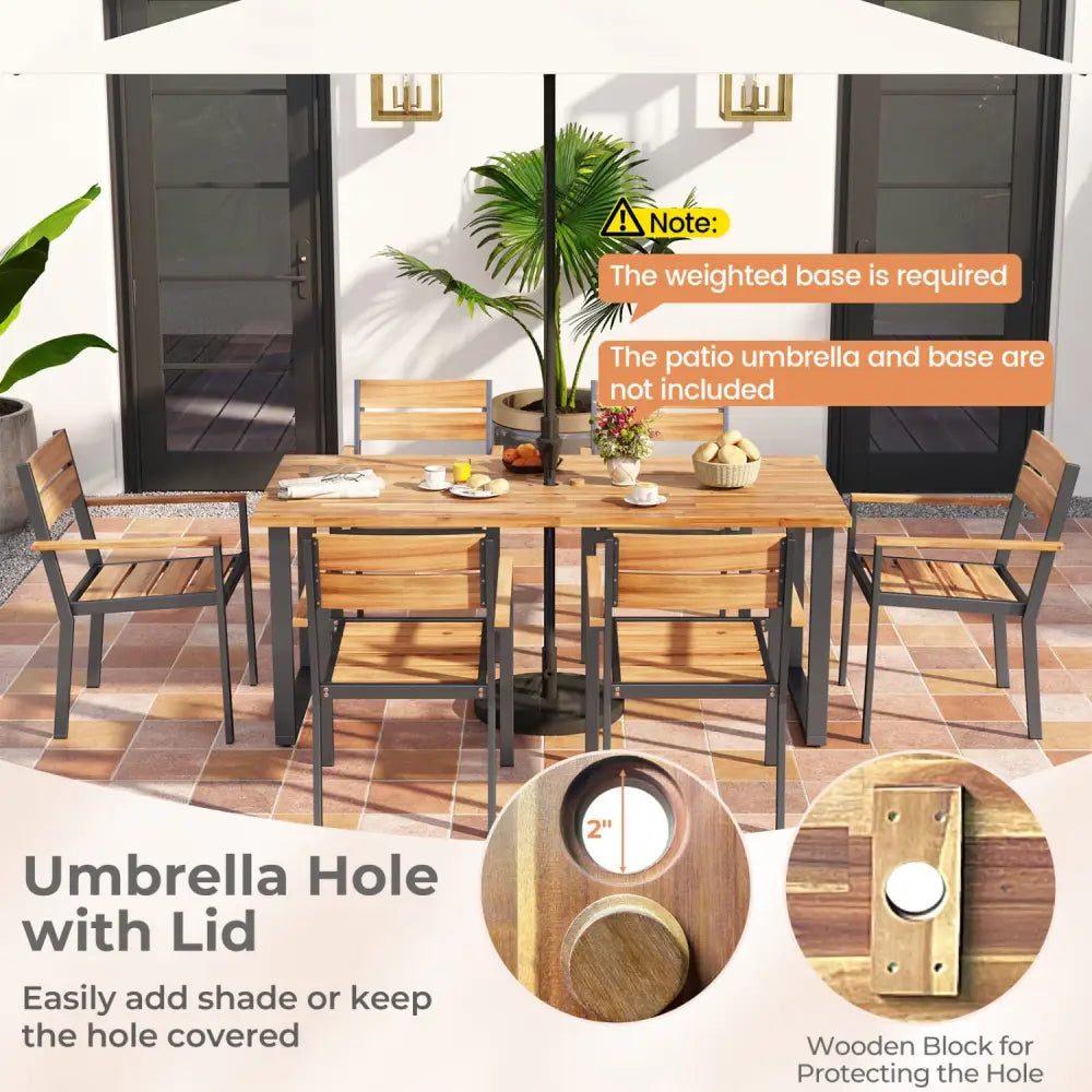 7 Pieces Acacia Wood Patio Dining Set with Metal Frame and 2 Inches Umbrella Hole - Rustic Brown - Patio Dining Sets