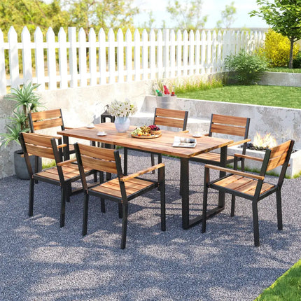 7 Pieces Acacia Wood Patio Dining Set with Metal Frame and 2 Inches Umbrella Hole - Rustic Brown - Patio Dining Sets