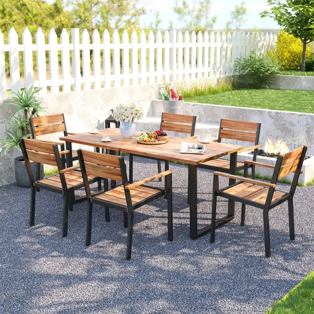 7 Pieces Acacia Wood Patio Dining Set with Metal Frame and 2 Inches Umbrella Hole - Rustic Brown - Patio Dining Sets