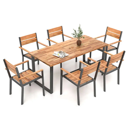 7 Pieces Acacia Wood Patio Dining Set with Metal Frame and 2 Inches Umbrella Hole - Rustic Brown - Patio Dining Sets