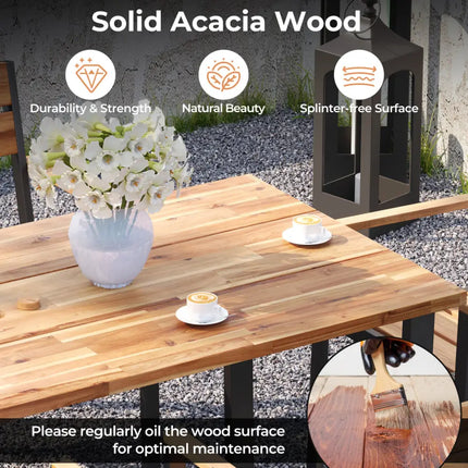 7 Pieces Acacia Wood Patio Dining Set with Metal Frame and 2 Inches Umbrella Hole - Rustic Brown - Patio Dining Sets