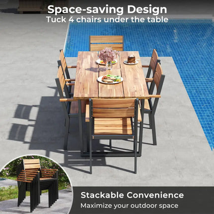 7 Pieces Acacia Wood Patio Dining Set with Metal Frame and 2 Inches Umbrella Hole - Rustic Brown - Patio Dining Sets