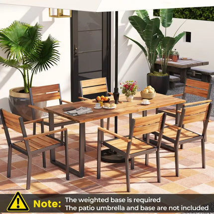 7 Pieces Acacia Wood Patio Dining Set with Metal Frame and 2 Inches Umbrella Hole - Rustic Brown - Patio Dining Sets