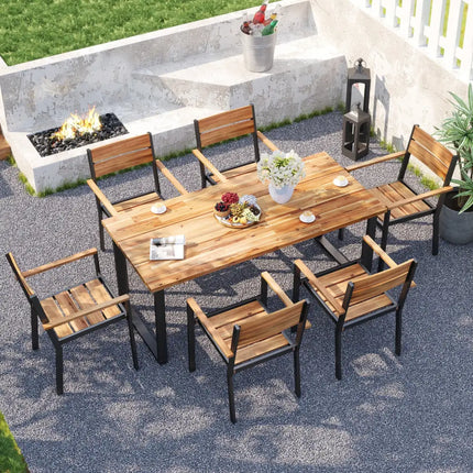 7 Pieces Acacia Wood Patio Dining Set with Metal Frame and 2 Inches Umbrella Hole - Rustic Brown - Patio Dining Sets