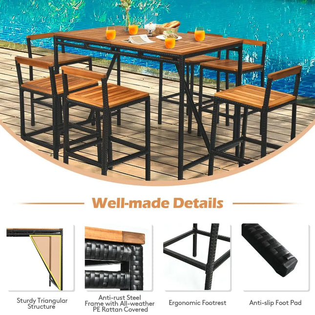 7 Pieces Acacia Wood Patio Rattan Bar Set with Umbrella Hole - Brown - Patio Dining Sets