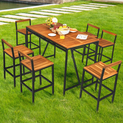 7 Pieces Acacia Wood Patio Rattan Bar Set with Umbrella Hole - Brown - Patio Dining Sets
