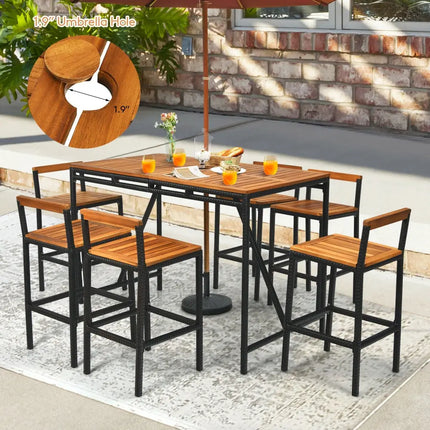 7 Pieces Acacia Wood Patio Rattan Bar Set with Umbrella Hole - Brown - Patio Dining Sets