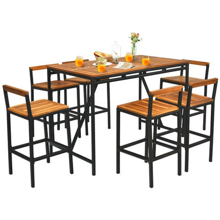 7 Pieces Acacia Wood Patio Rattan Bar Set with Umbrella Hole - Brown - Patio Dining Sets