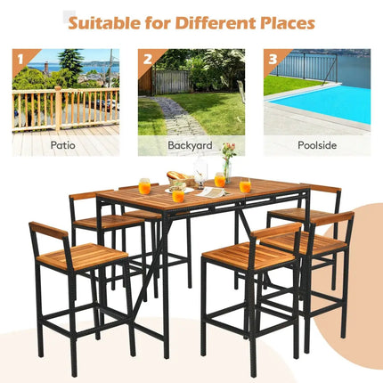 7 Pieces Acacia Wood Patio Rattan Bar Set with Umbrella Hole - Brown - Patio Dining Sets
