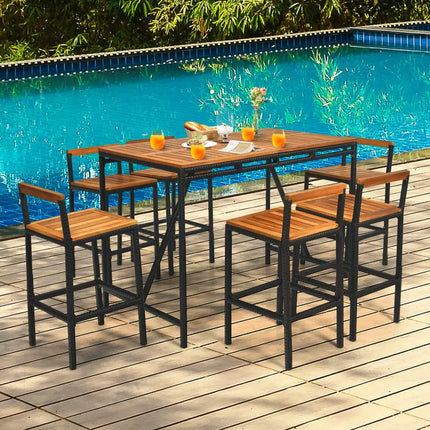 7 Pieces Acacia Wood Patio Rattan Bar Set with Umbrella Hole - Brown - Patio Dining Sets