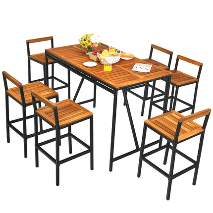 7 Pieces Acacia Wood Patio Rattan Bar Set with Umbrella Hole - Brown - Patio Dining Sets