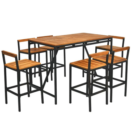 7 Pieces Acacia Wood Patio Rattan Bar Set with Umbrella Hole - Brown - Patio Dining Sets