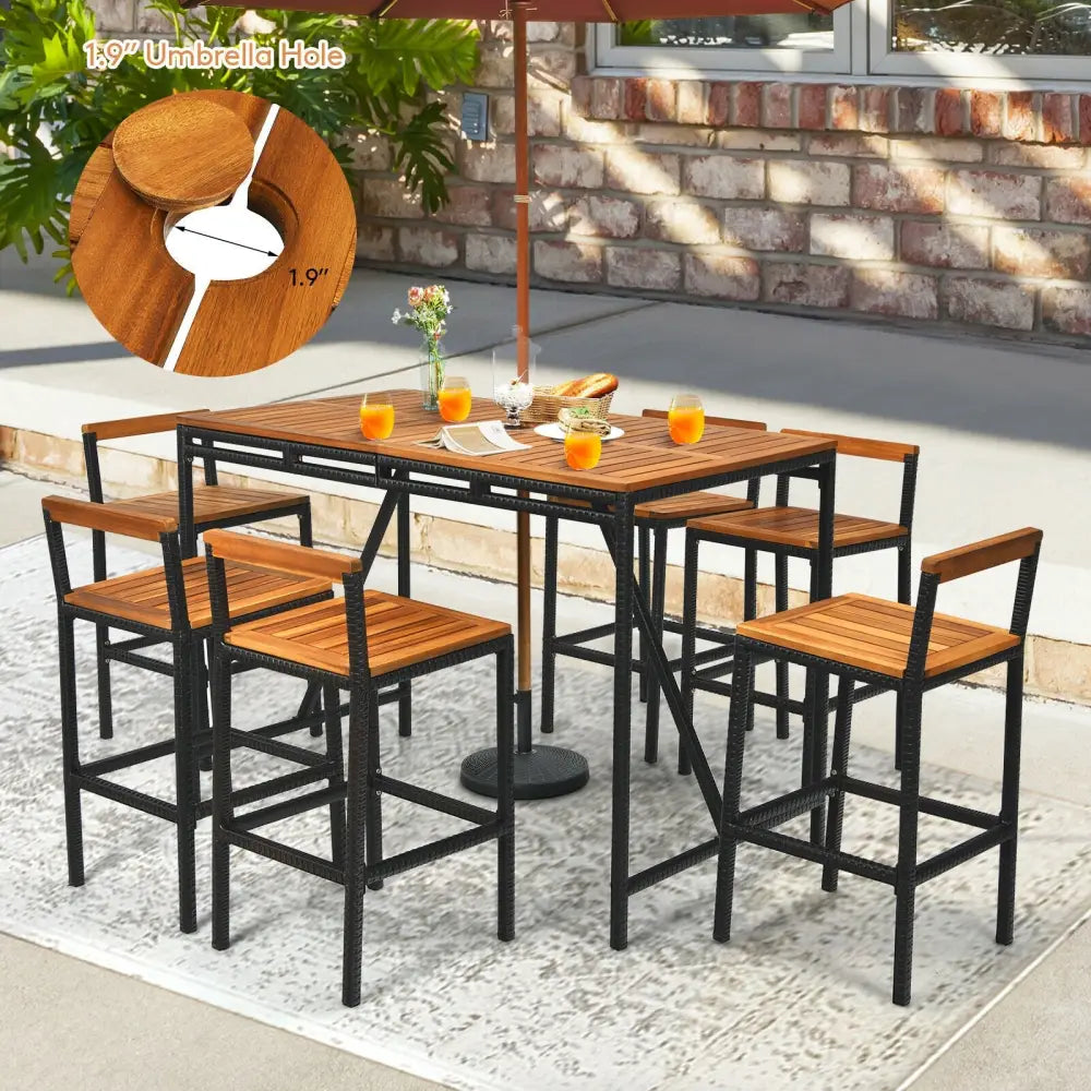7 Pieces Acacia Wood Patio Rattan Bar Set with Umbrella Hole - Brown - Patio Dining Sets