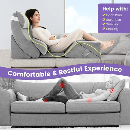 7 Pieces Bed Wedge Pillow Set with Memory Foam and Washable Cover-Gray - Gray - Bedding