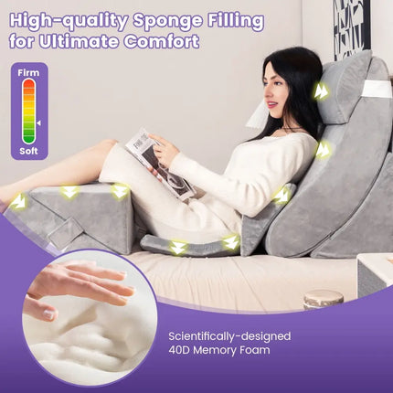 7 Pieces Bed Wedge Pillow Set with Memory Foam and Washable Cover-Gray - Gray - Bedding