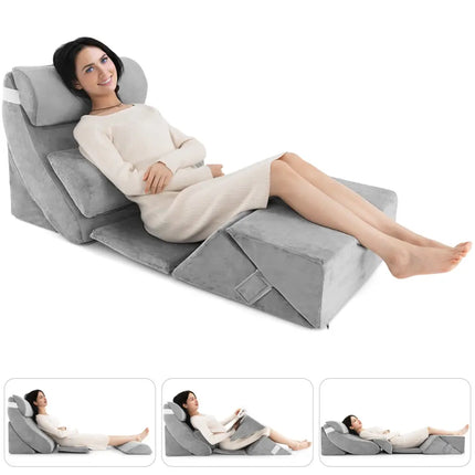 7 Pieces Bed Wedge Pillow Set with Memory Foam and Washable Cover-Gray - Gray - Bedding