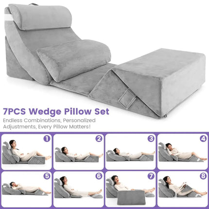 7 Pieces Bed Wedge Pillow Set with Memory Foam and Washable Cover-Gray - Gray - Bedding