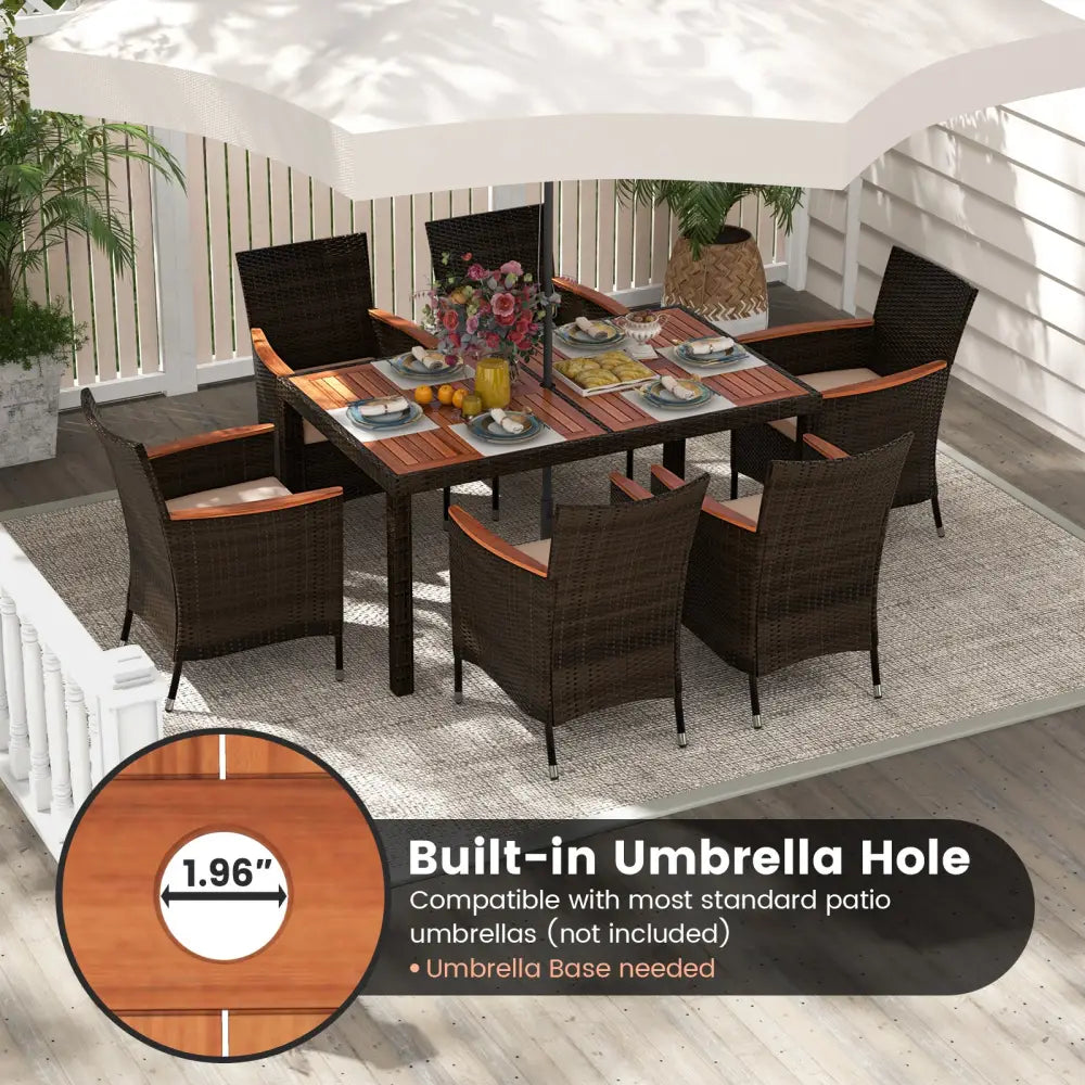 7 Pieces Garden Dining Patio Rattan Set with Cushions for Backyard - Brown - Patio Dining Sets