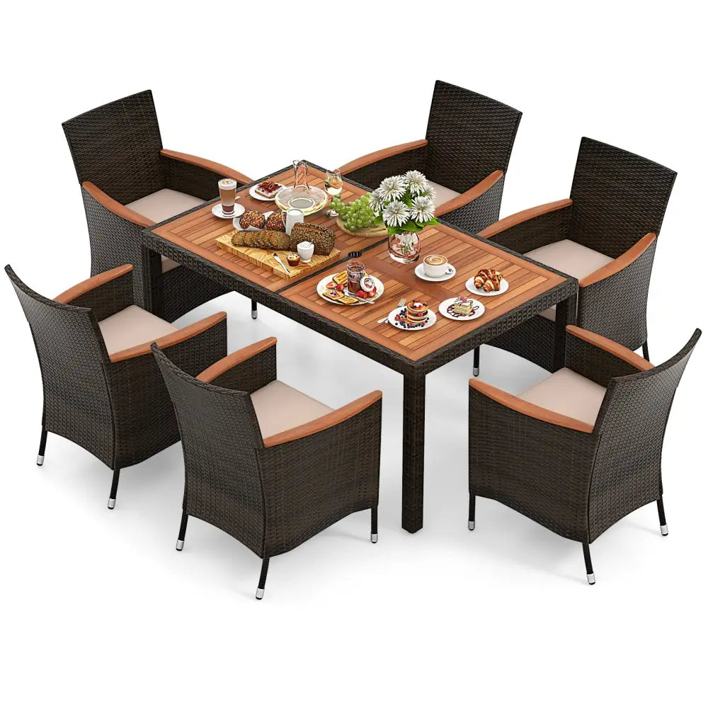7 Pieces Garden Dining Patio Rattan Set with Cushions for Backyard - Brown - Patio Dining Sets