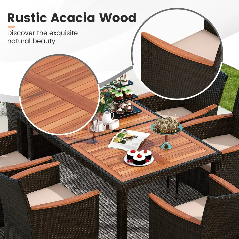7 Pieces Garden Dining Patio Rattan Set with Cushions for Backyard - Brown - Patio Dining Sets