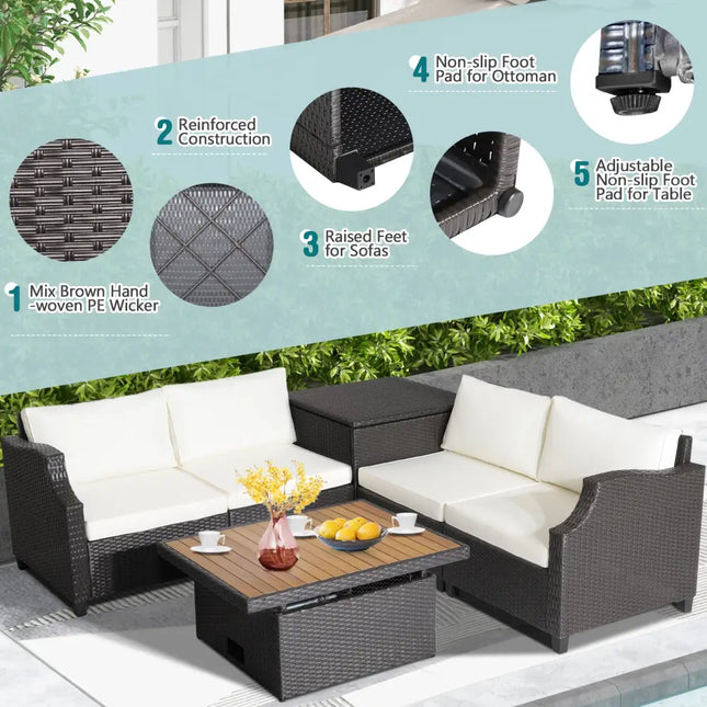 7 Pieces Hand-Woven Wicker Outdoor Furniture Set with Acacia Wood Coffee Table-White - White - Outdoor Sectionals